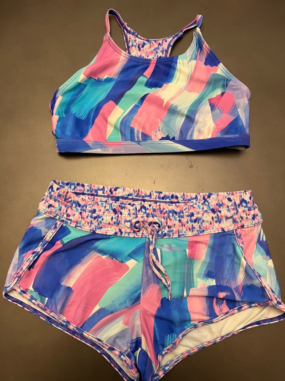 Athleta Girl Multicolor Bikini Swimsuit with Cannonball shorts. Size M/10